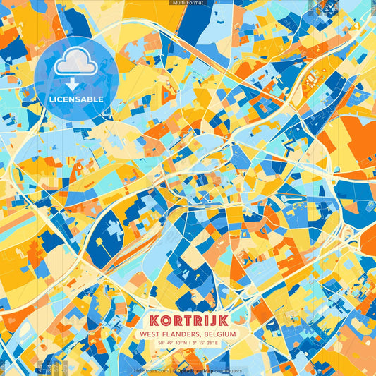 Kortrijk, West Flanders, Belgium blue and orange vector art map template