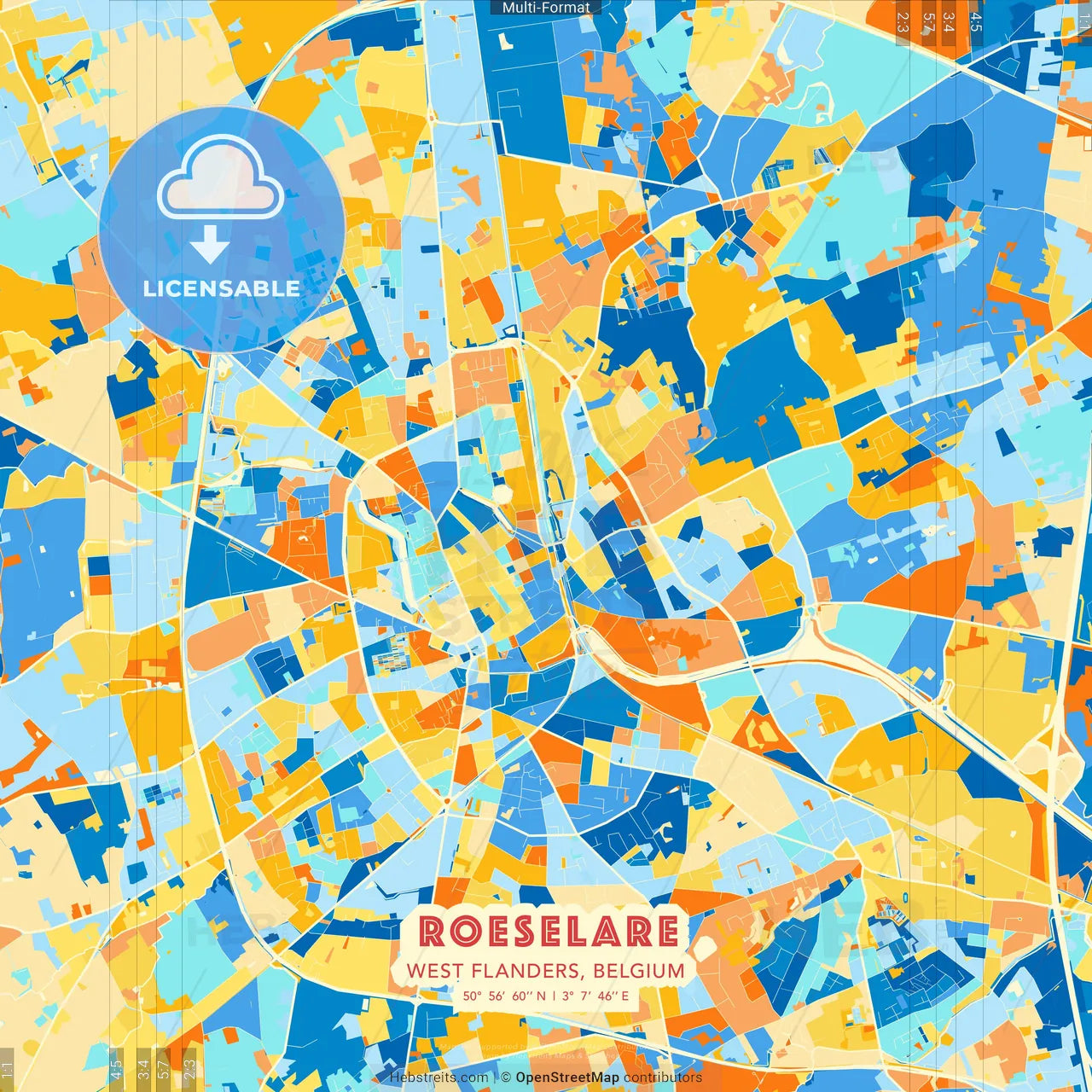 Roeselare, West Flanders, Belgium blue and orange vector art map template