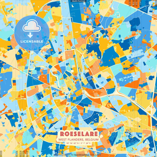 Roeselare, West Flanders, Belgium blue and orange vector art map template