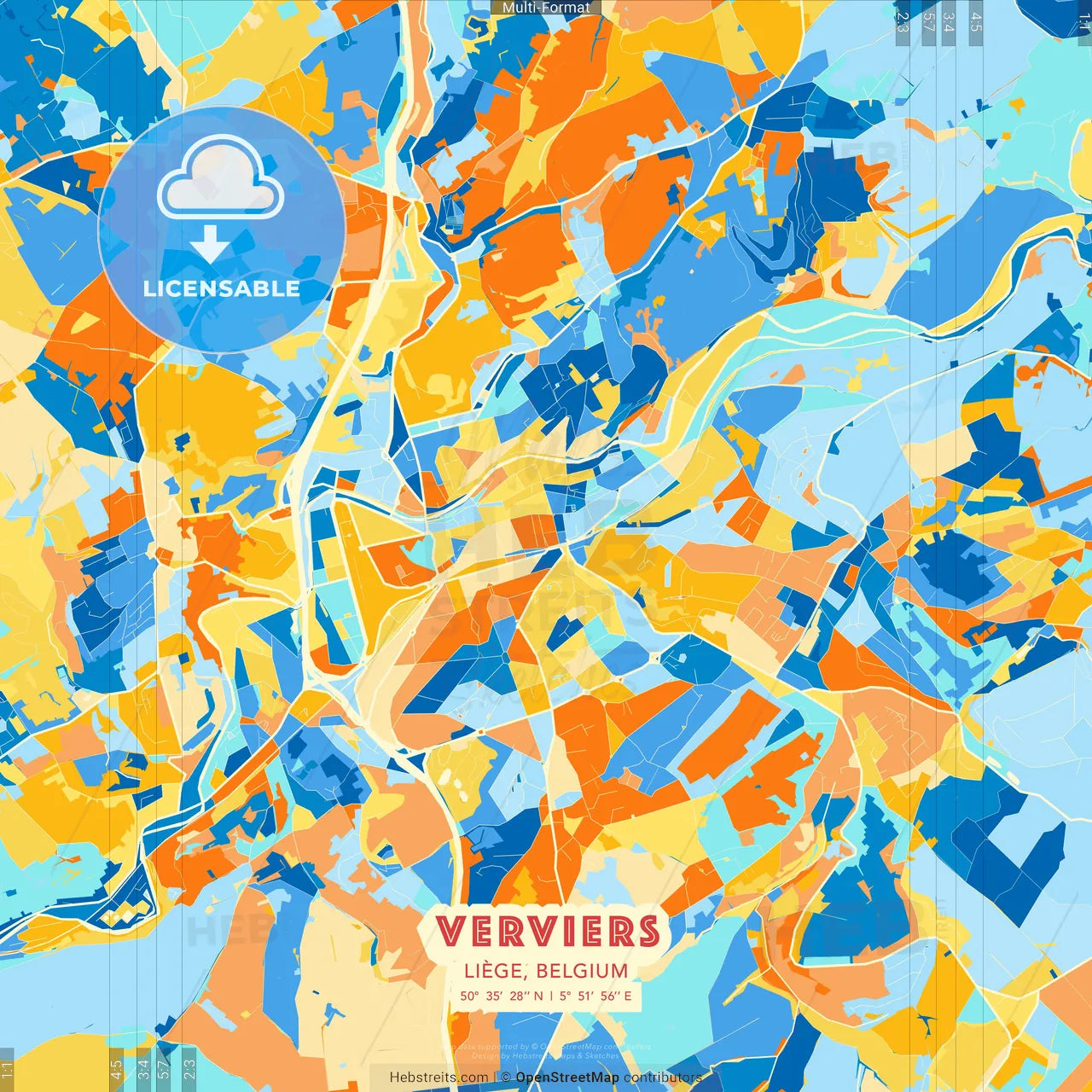 Verviers, Liège, Belgium blue and orange vector art map template