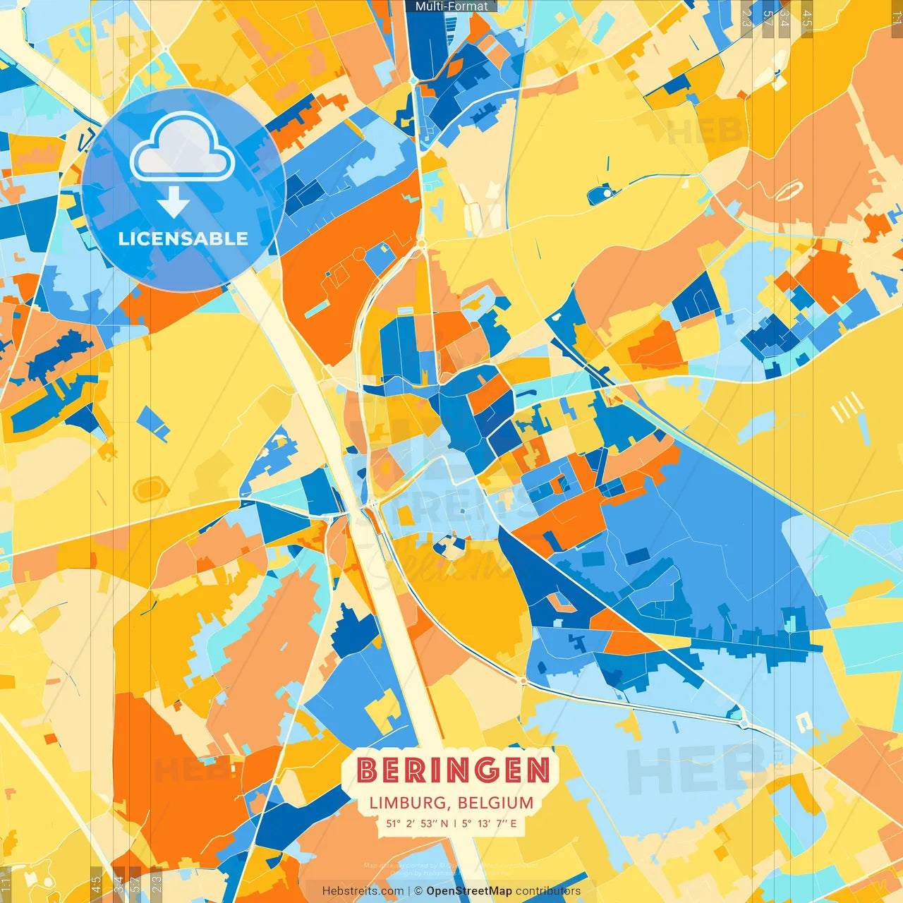 Beringen, Limburg, Belgium blue and orange vector art map template