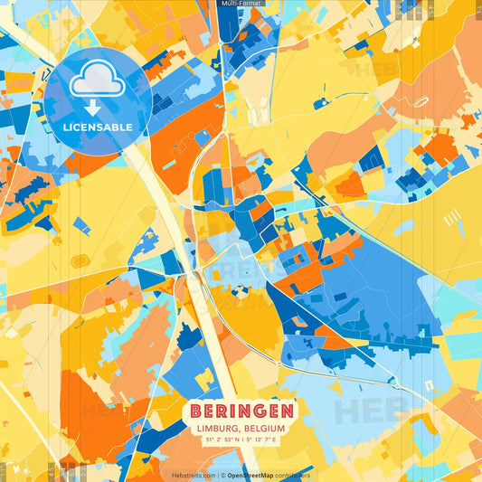 Beringen, Limburg, Belgium blue and orange vector art map template