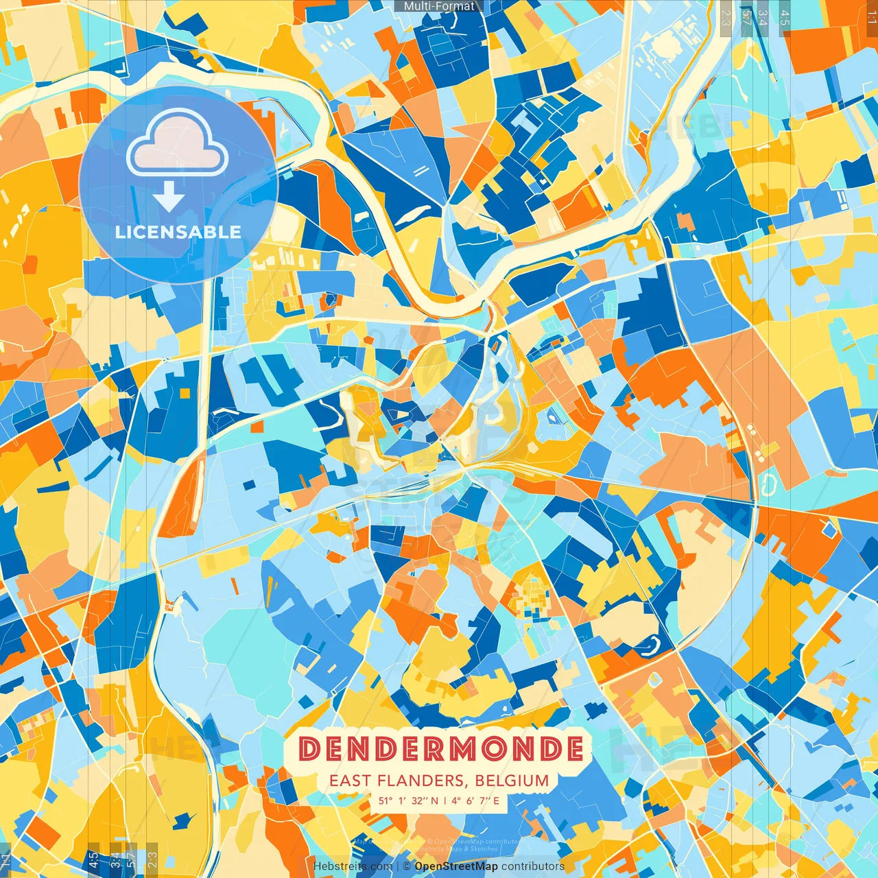 Dendermonde, East Flanders, Belgium blue and orange vector art map template