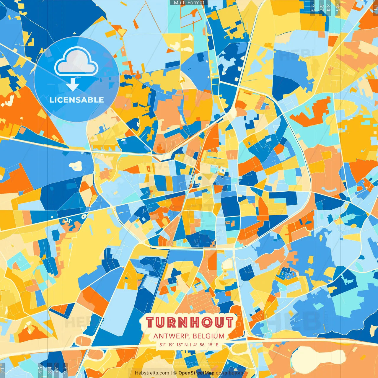 Turnhout, Antwerp, Belgium blue and orange vector art map template