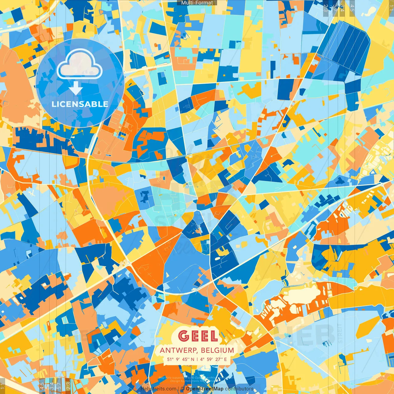 Geel, Antwerp, Belgium blue and orange vector art map template