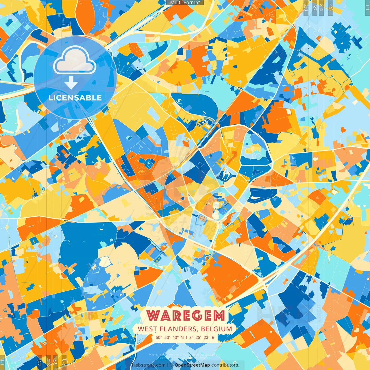 Waregem, West Flanders, Belgium blue and orange vector art map template