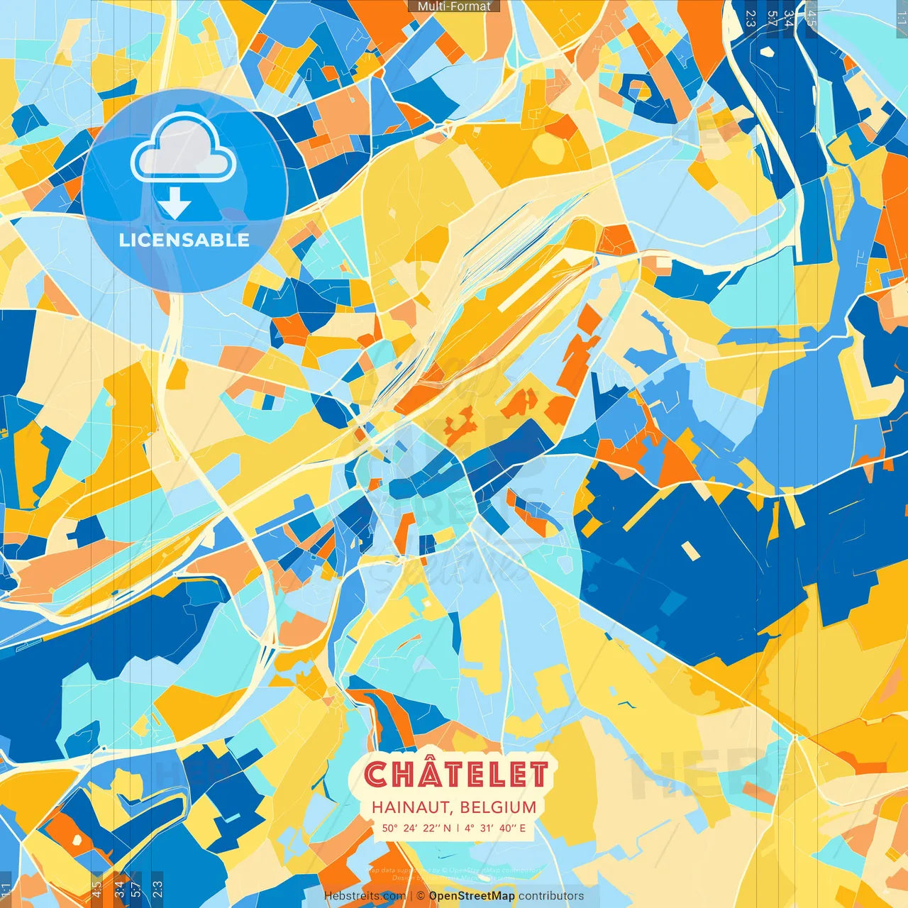 Châtelet, Hainaut, Belgium blue and orange vector art map template
