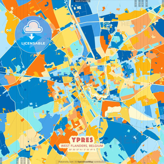 Ypres, West Flanders, Belgium blue and orange vector art map template