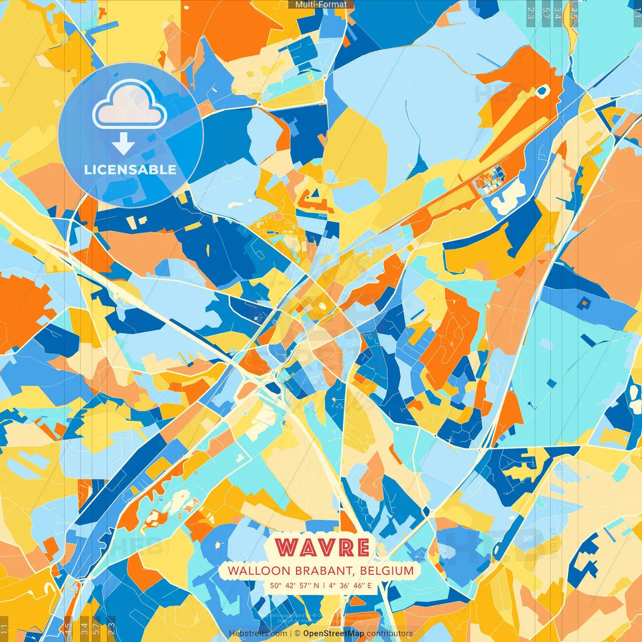 Wavre, Walloon Brabant, Belgium blue and orange vector art map template