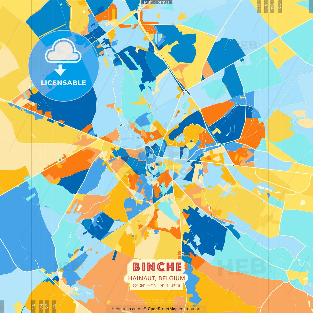 Binche, Hainaut, Belgium blue and orange vector art map template