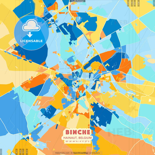 Binche, Hainaut, Belgium blue and orange vector art map template
