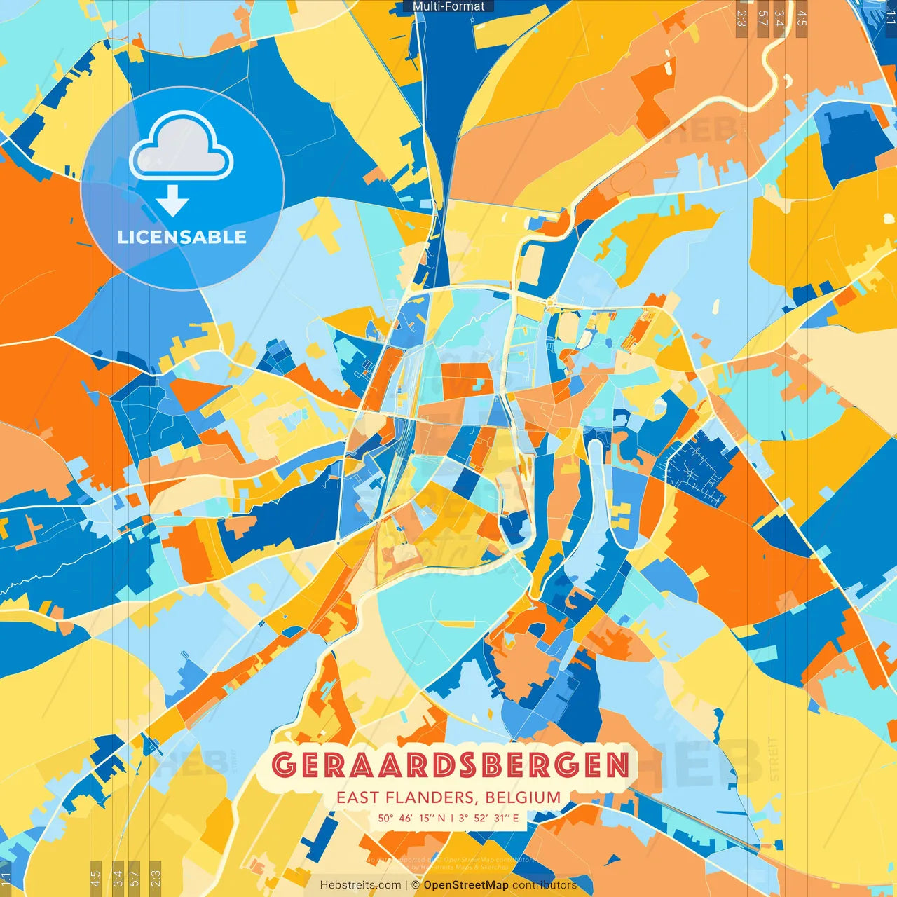 Geraardsbergen, East Flanders, Belgium blue and orange vector art map template