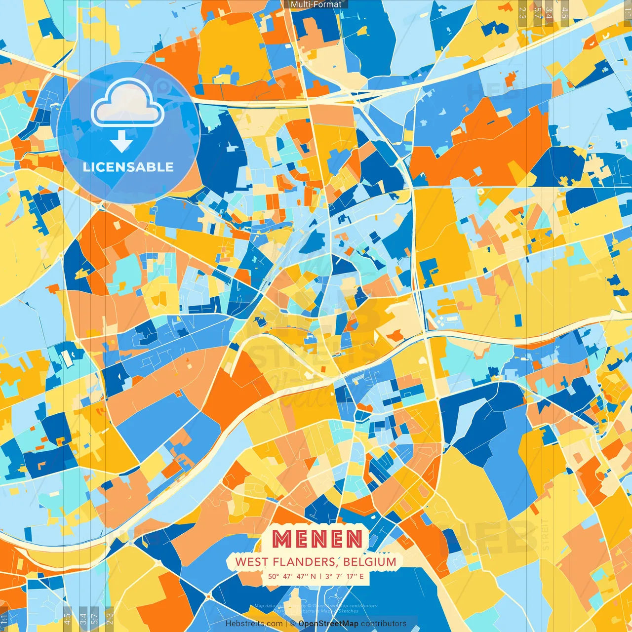 Menen, West Flanders, Belgium blue and orange vector art map template