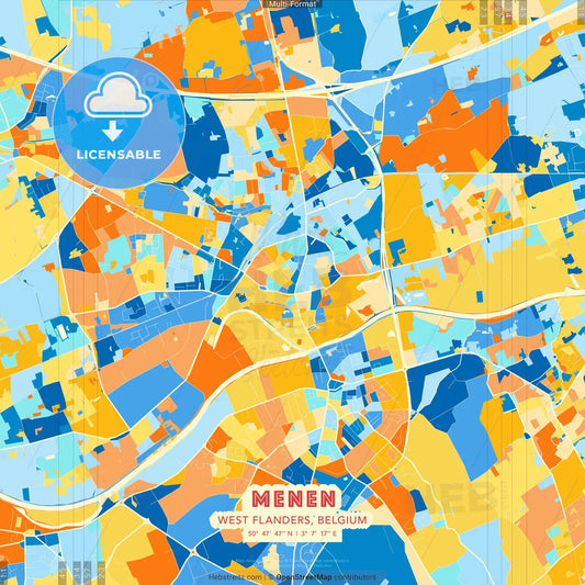 Menen, West Flanders, Belgium blue and orange vector art map template
