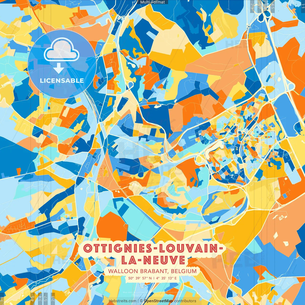 Ottignies-Louvain-la-Neuve, Walloon Brabant, Belgium blue and orange vector art map template