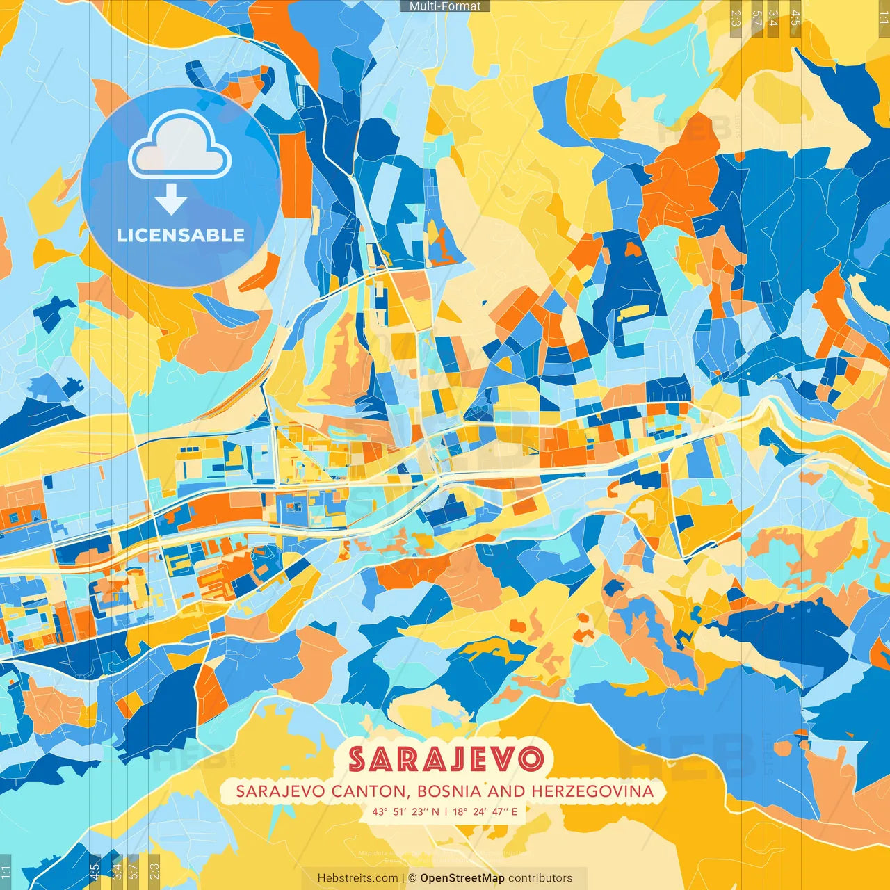 Sarajevo, Sarajevo Canton, Bosnia and Herzegovina blue and orange vector art map template