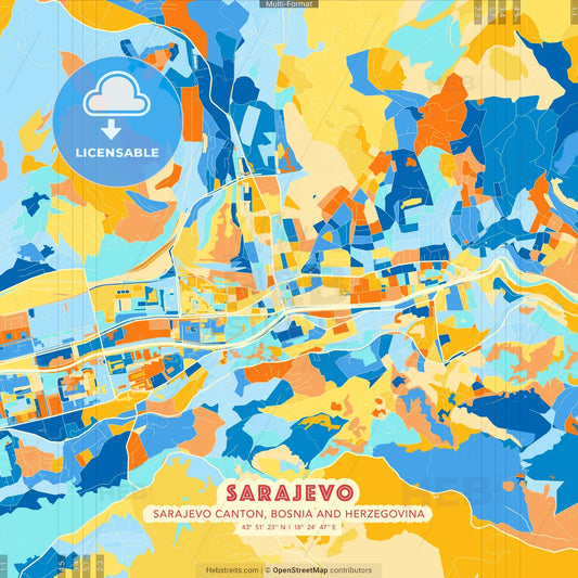Sarajevo, Sarajevo Canton, Bosnia and Herzegovina blue and orange vector art map template