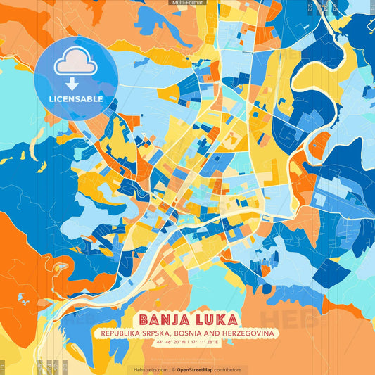 Banja Luka, Republika Srpska, Bosnia and Herzegovina blue and orange vector art map template