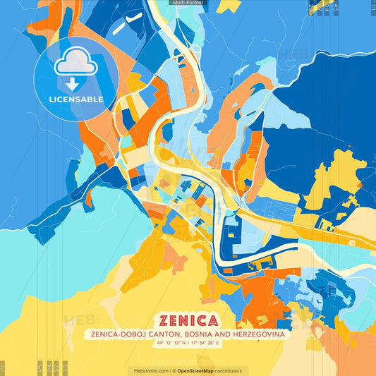 Zenica, Zenica-Doboj Canton, Bosnia and Herzegovina blue and orange vector art map template