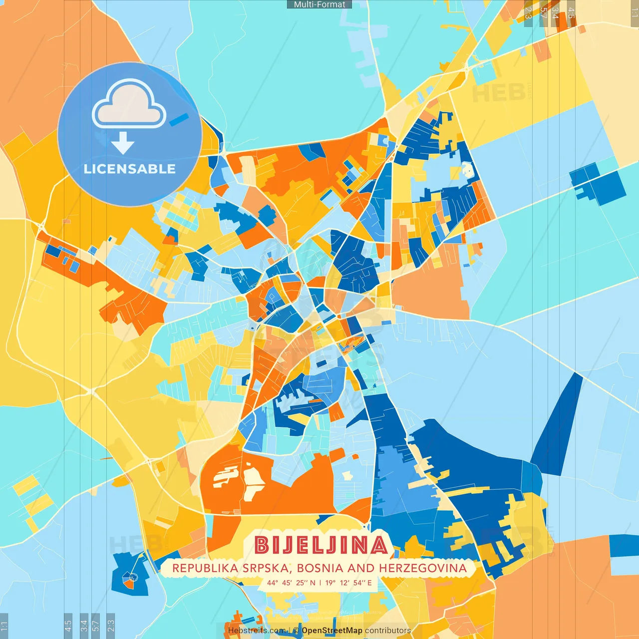 Bijeljina, Republika Srpska, Bosnia and Herzegovina blue and orange vector art map template