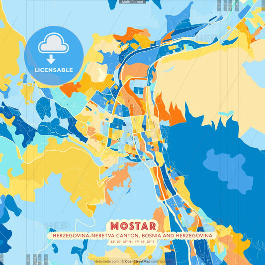 Mostar, Herzegovina-Neretva Canton, Bosnia and Herzegovina blue and orange vector art map template
