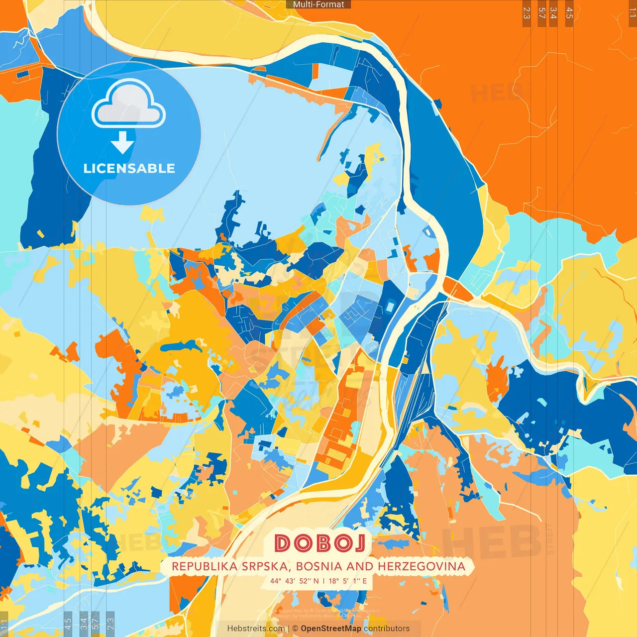 Doboj, Republika Srpska, Bosnia and Herzegovina blue and orange vector art map template