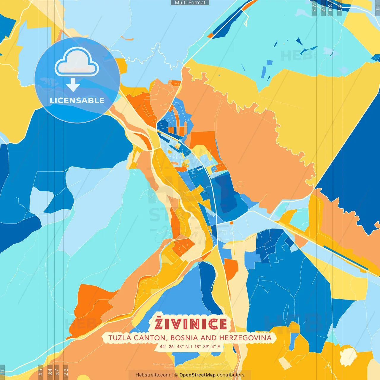Živinice, Tuzla Canton, Bosnia and Herzegovina blue and orange vector art map template