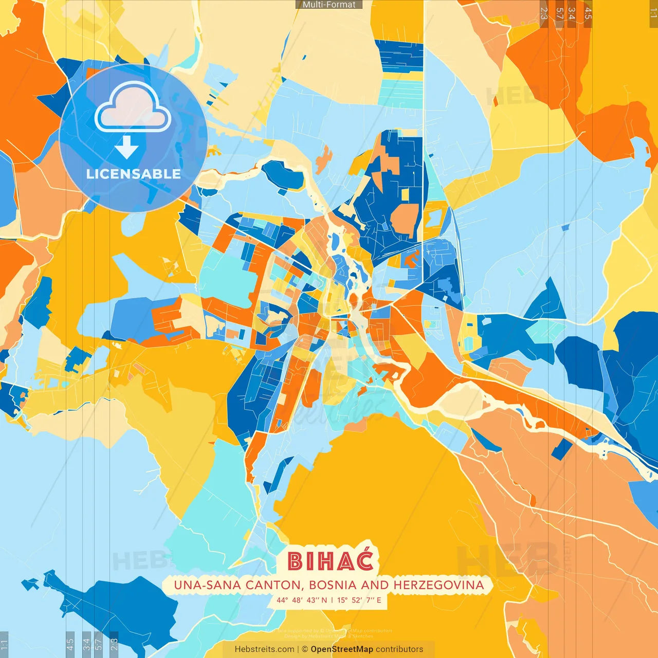Bihać, Una-Sana Canton, Bosnia and Herzegovina blue and orange vector art map template