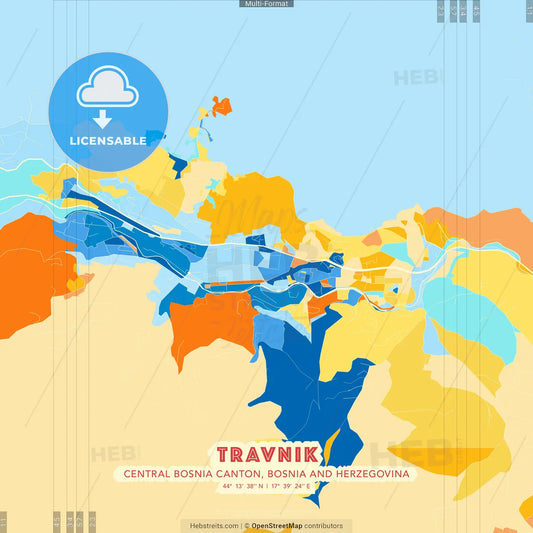 Travnik, Central Bosnia Canton, Bosnia and Herzegovina blue and orange vector art map template