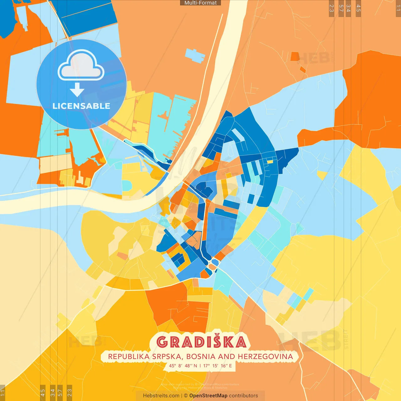 Gradiška, Republika Srpska, Bosnia and Herzegovina blue and orange vector art map template