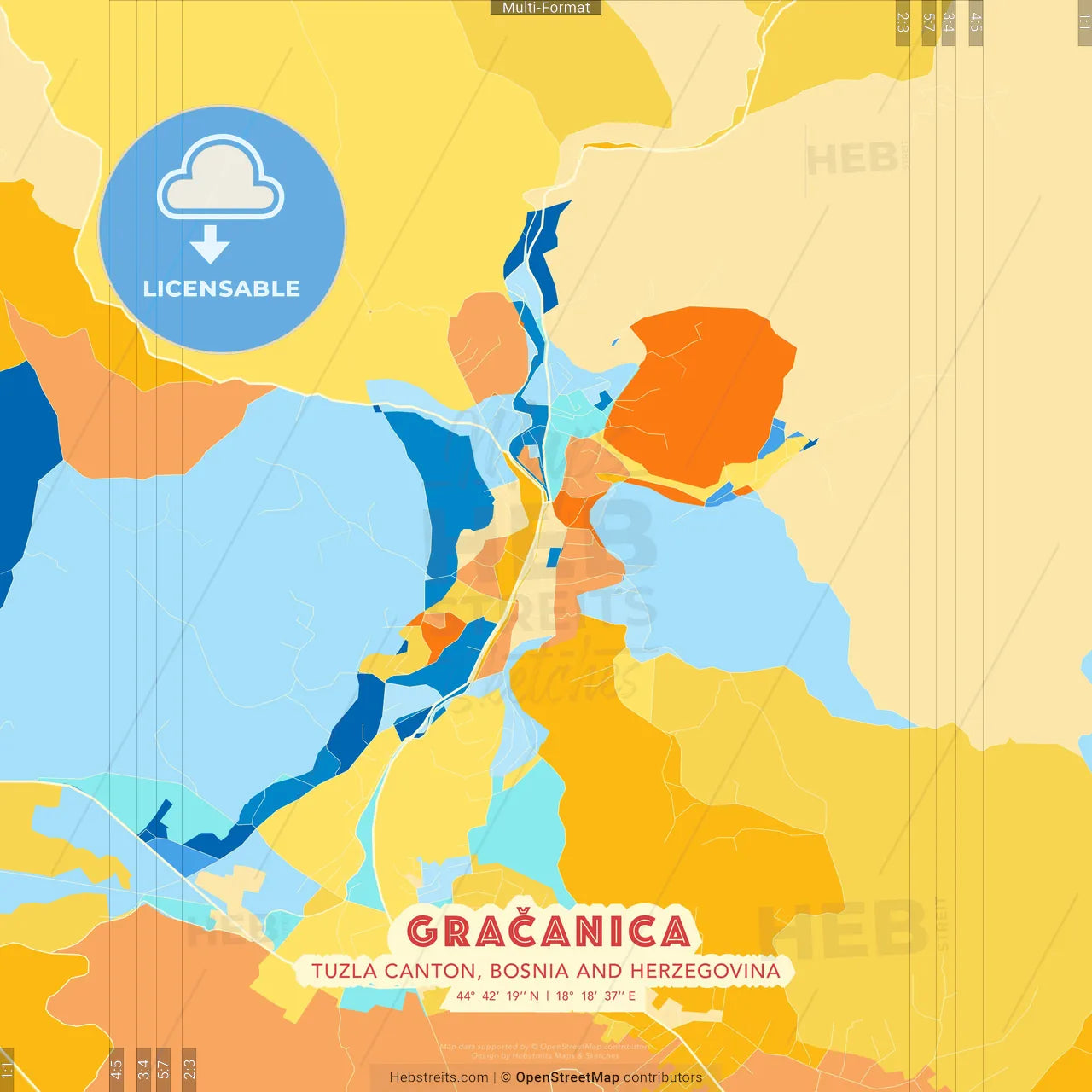 Gračanica, Tuzla Canton, Bosnia and Herzegovina blue and orange vector art map template