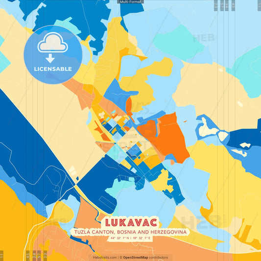 Lukavac, Tuzla Canton, Bosnia and Herzegovina blue and orange vector art map template