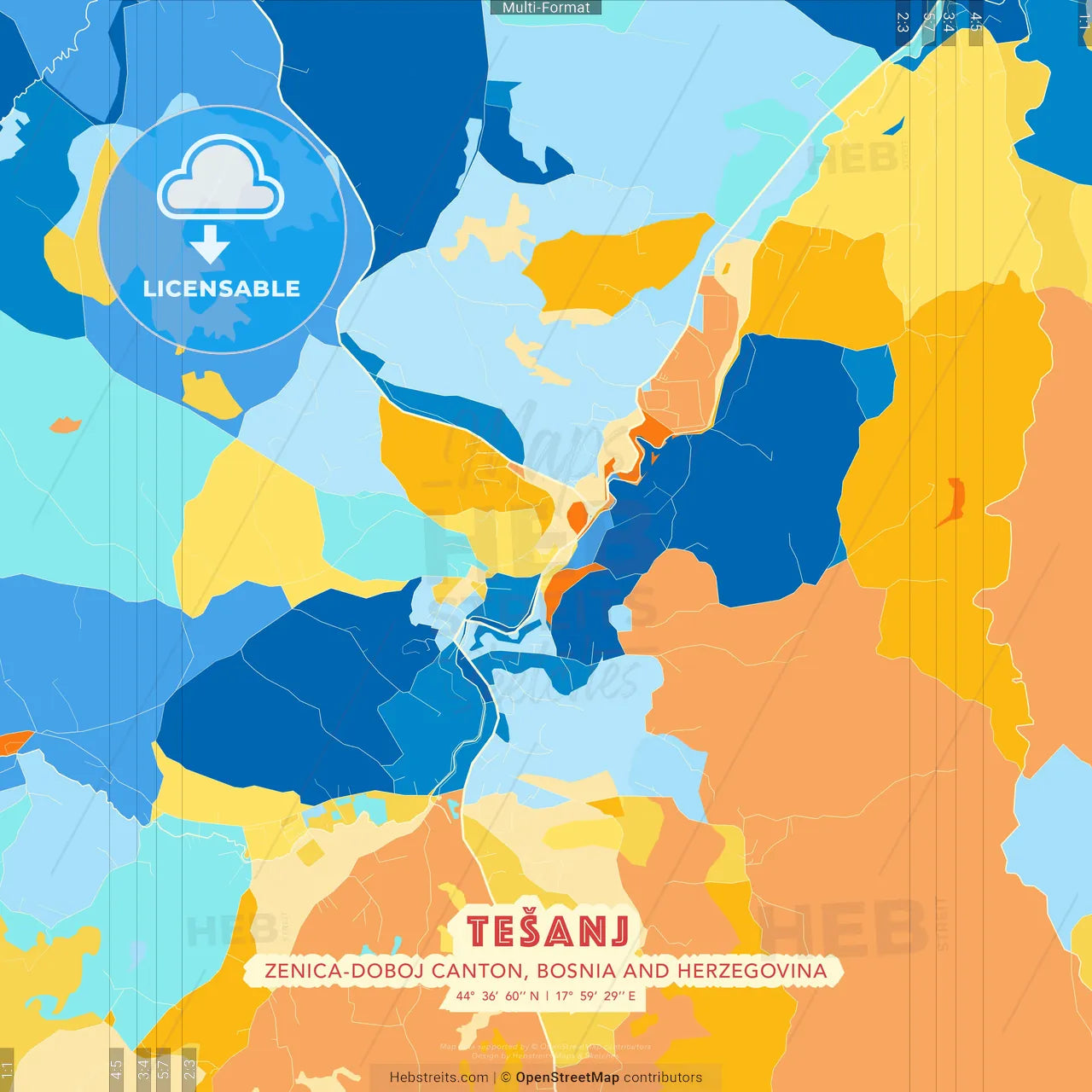Tešanj, Zenica-Doboj Canton, Bosnia and Herzegovina blue and orange vector art map template