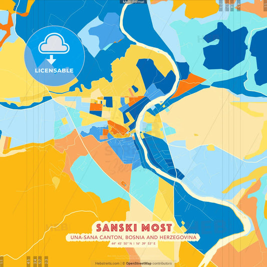Sanski Most, Una-Sana Canton, Bosnia and Herzegovina blue and orange vector art map template