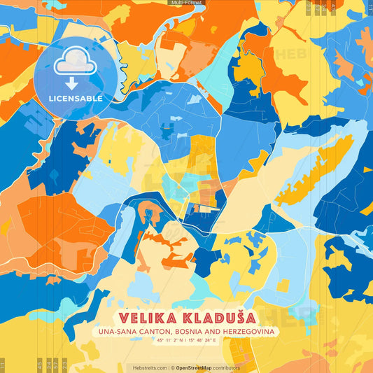 Velika Kladuša, Una-Sana Canton, Bosnia and Herzegovina blue and orange vector art map template