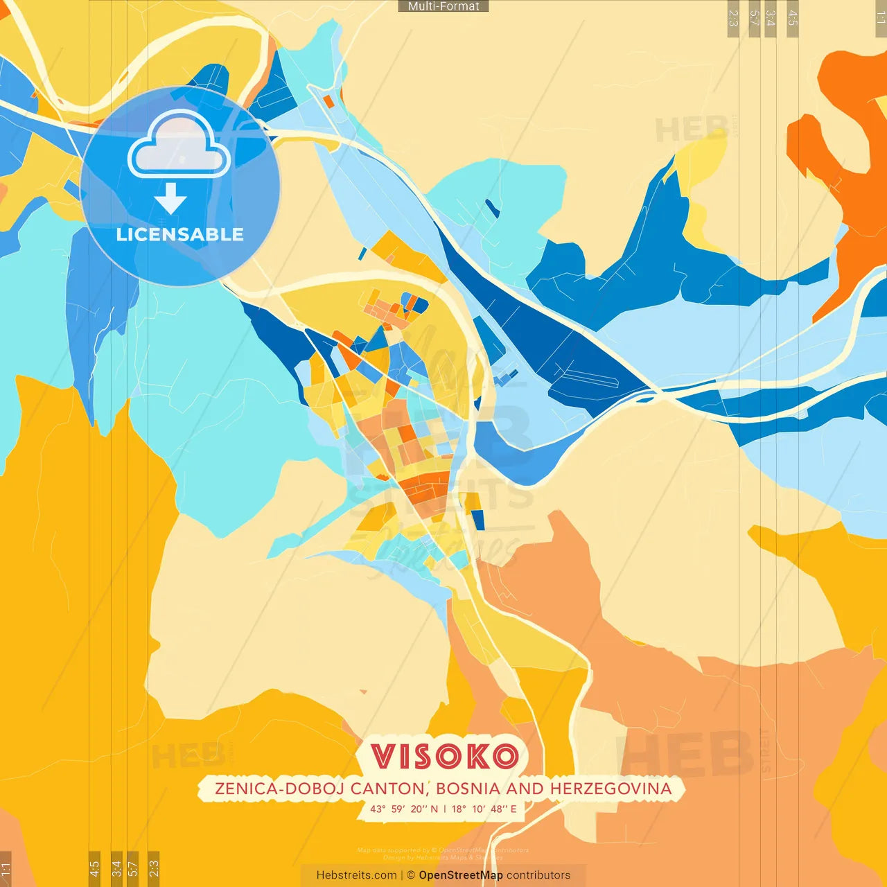 Visoko, Zenica-Doboj Canton, Bosnia and Herzegovina blue and orange vector art map template