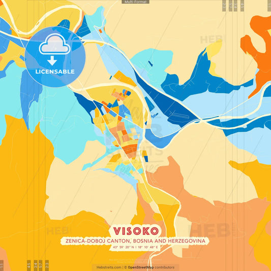 Visoko, Zenica-Doboj Canton, Bosnia and Herzegovina blue and orange vector art map template