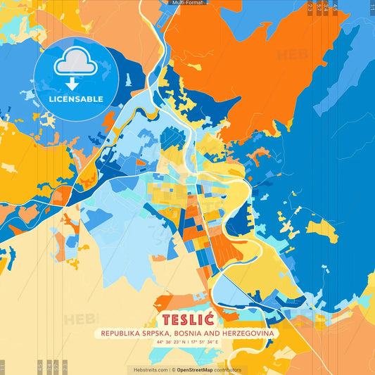 Teslić, Republika Srpska, Bosnia and Herzegovina blue and orange vector art map template