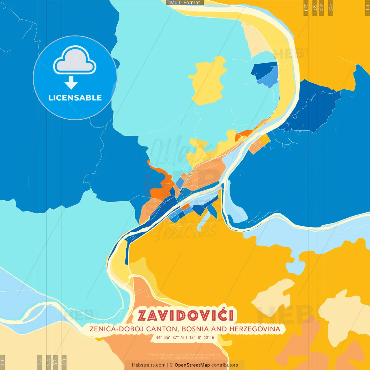 Zavidovići, Zenica-Doboj Canton, Bosnia and Herzegovina blue and orange vector art map template