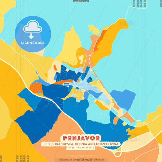 Prnjavor, Republika Srpska, Bosnia and Herzegovina blue and orange vector art map template
