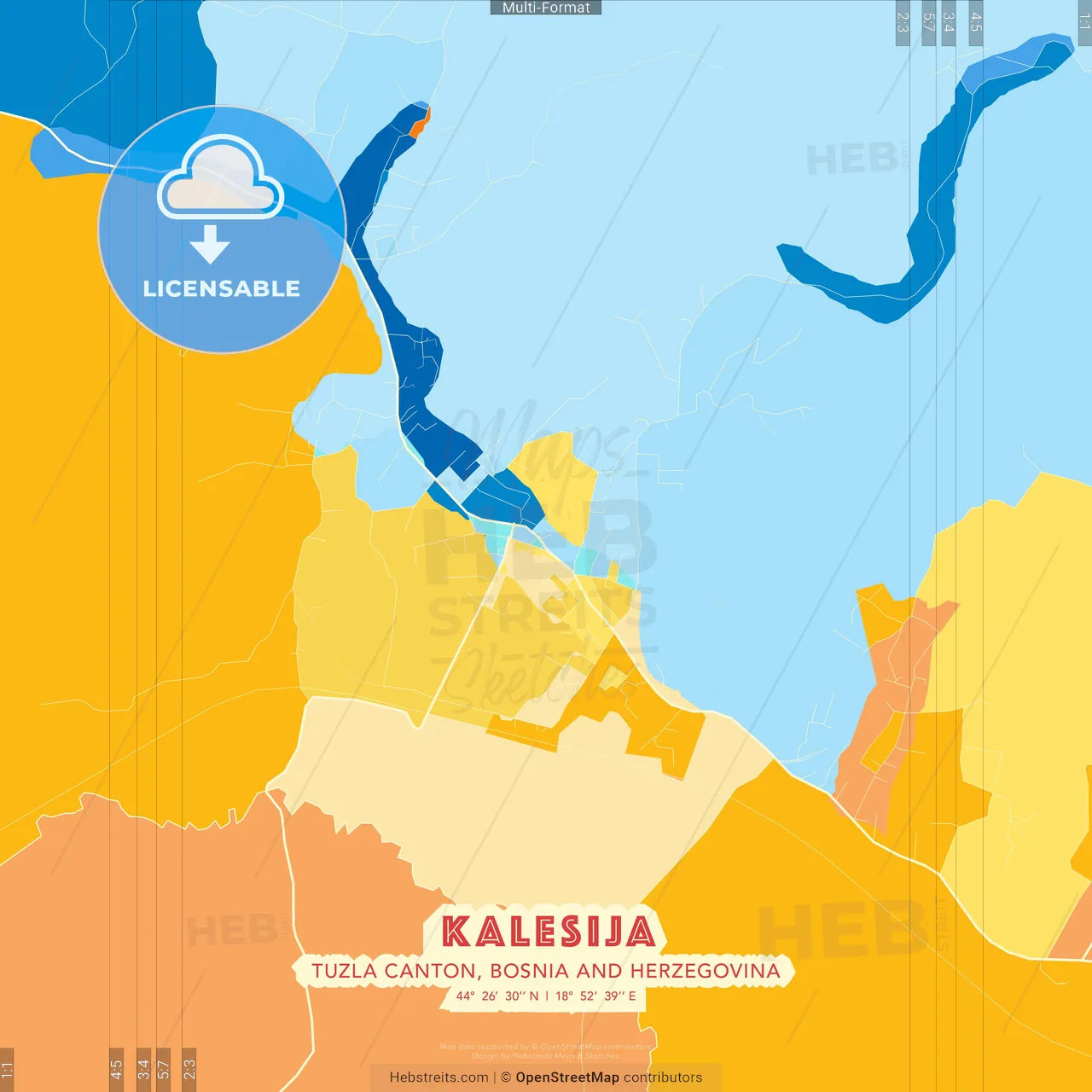 Kalesija, Tuzla Canton, Bosnia and Herzegovina blue and orange vector art map template