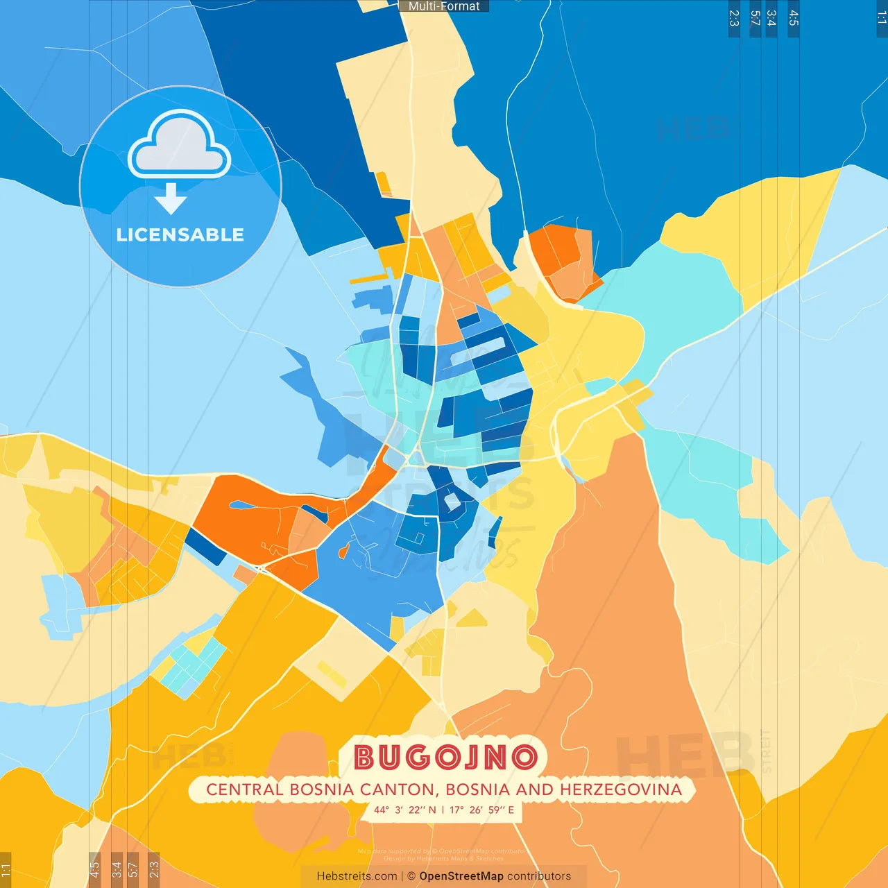 Bugojno, Central Bosnia Canton, Bosnia and Herzegovina blue and orange vector art map template