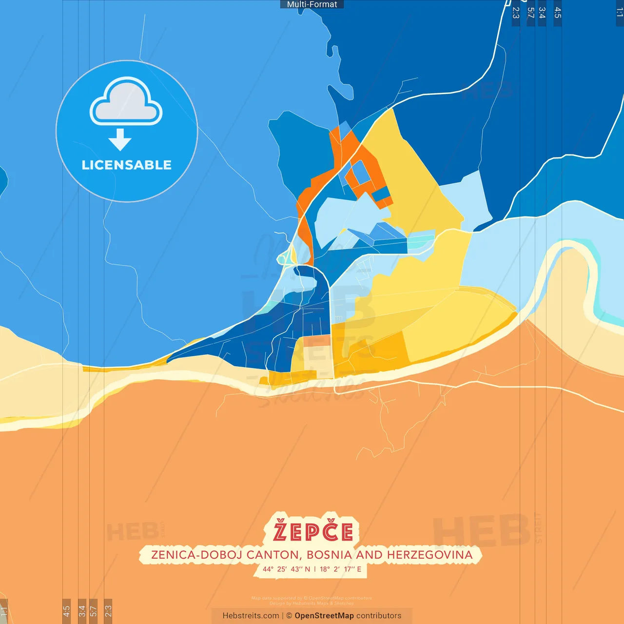 Žepče, Zenica-Doboj Canton, Bosnia and Herzegovina blue and orange vector art map template