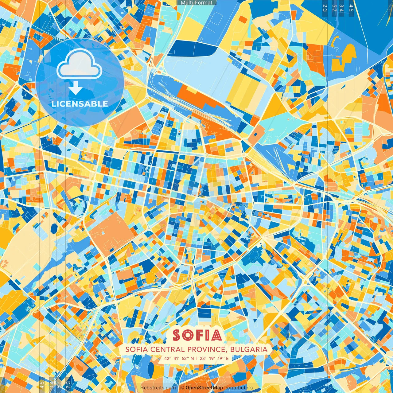 Sofia, Sofia Central Province, Bulgaria blue and orange vector art map template