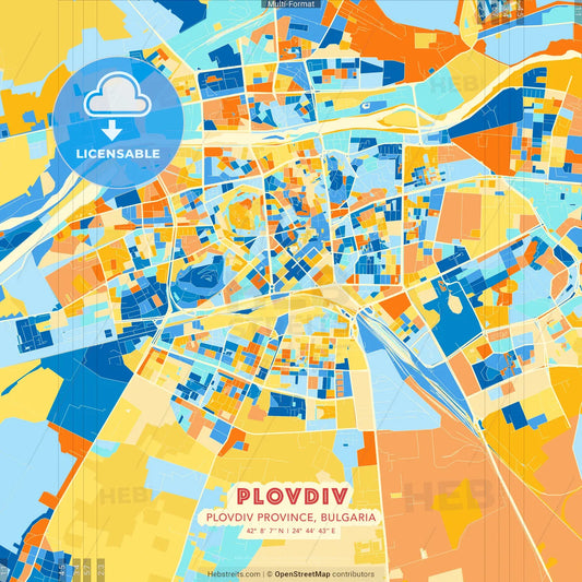 Plovdiv, Plovdiv Province, Bulgaria blue and orange vector art map template