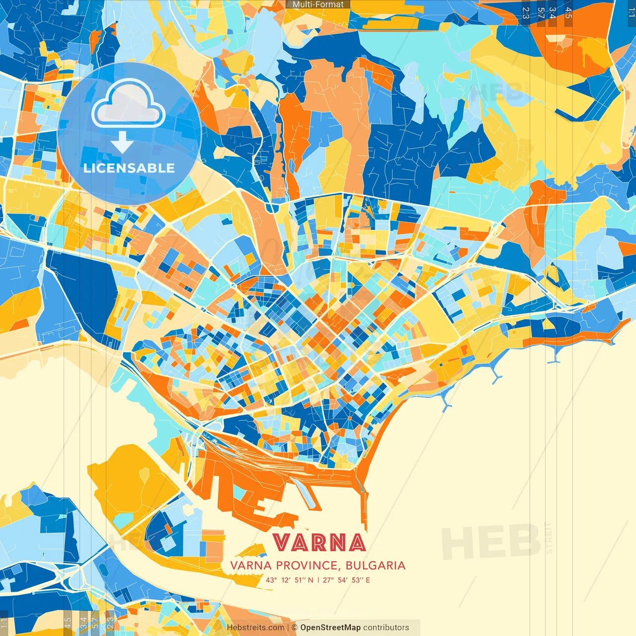 Varna, Varna Province, Bulgaria blue and orange vector art map template