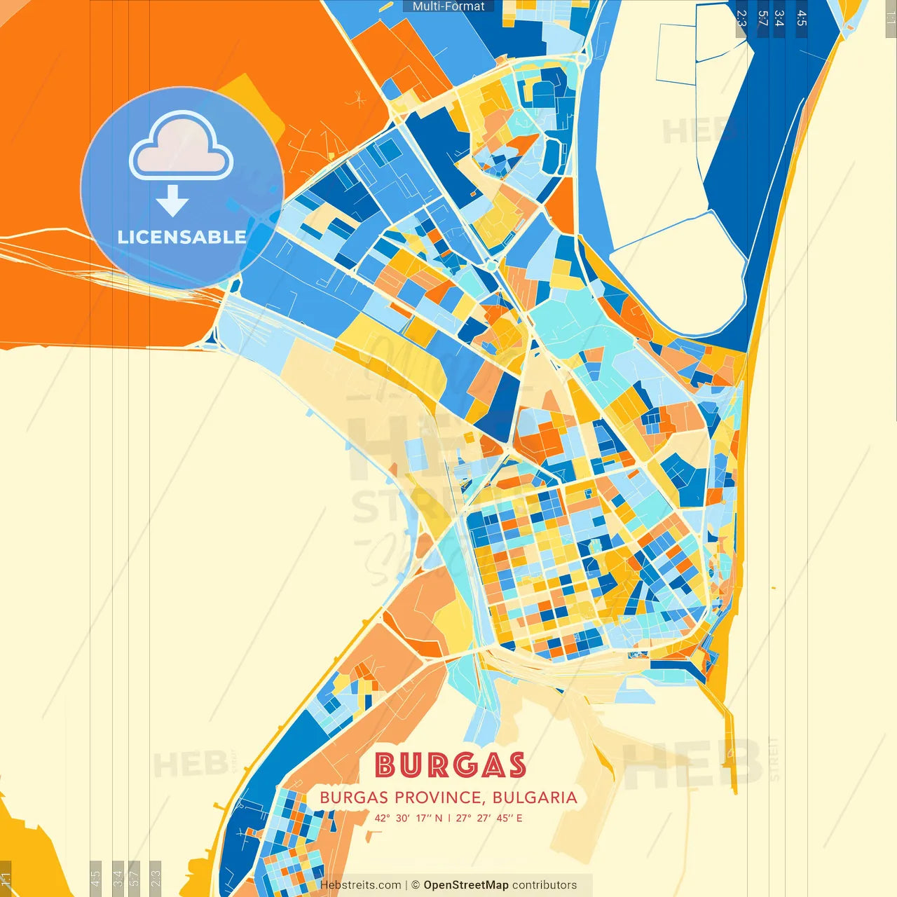 Burgas, Burgas Province, Bulgaria blue and orange vector art map template
