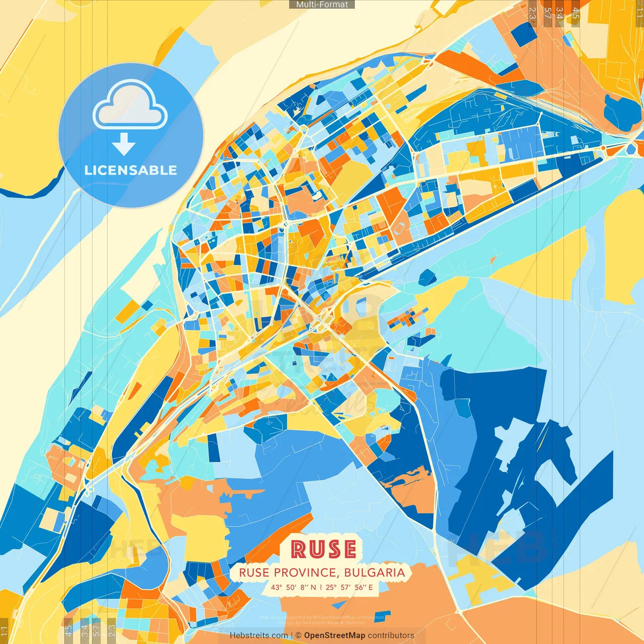 Ruse, Ruse Province, Bulgaria blue and orange vector art map template
