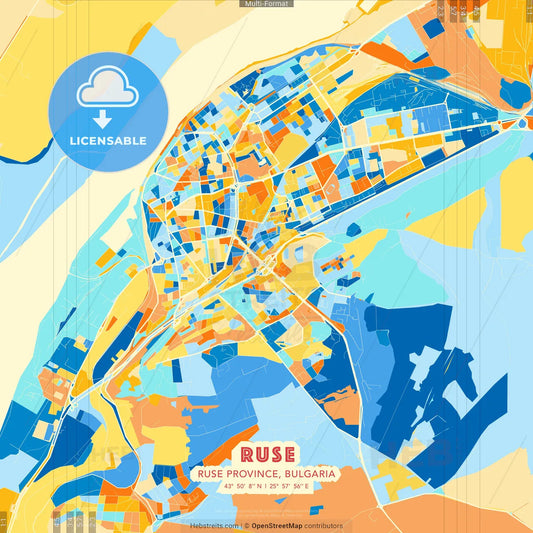 Ruse, Ruse Province, Bulgaria blue and orange vector art map template