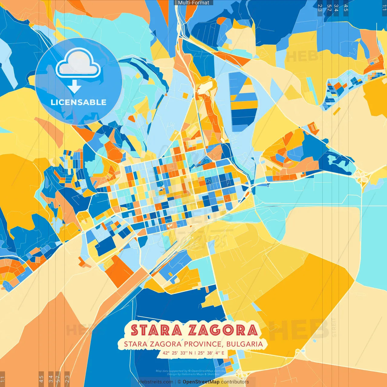 Stara Zagora, Stara Zagora Province, Bulgaria blue and orange vector art map template